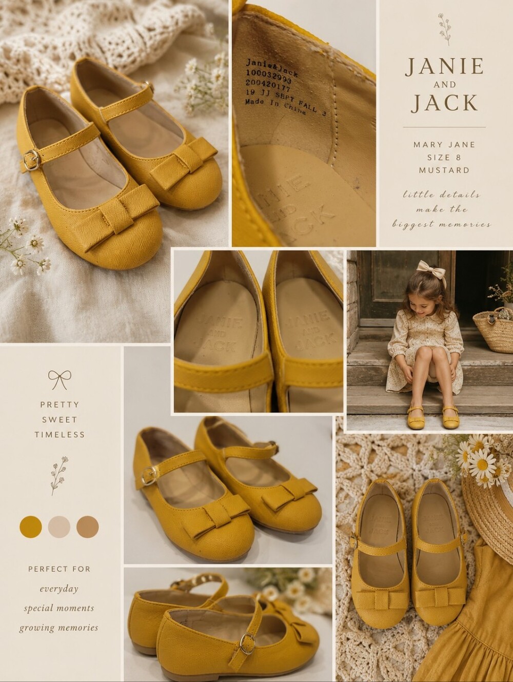 Janie and Jack Mustard Yellow Mary Jane Flats Girls Size 8 Bow Strap Shoes